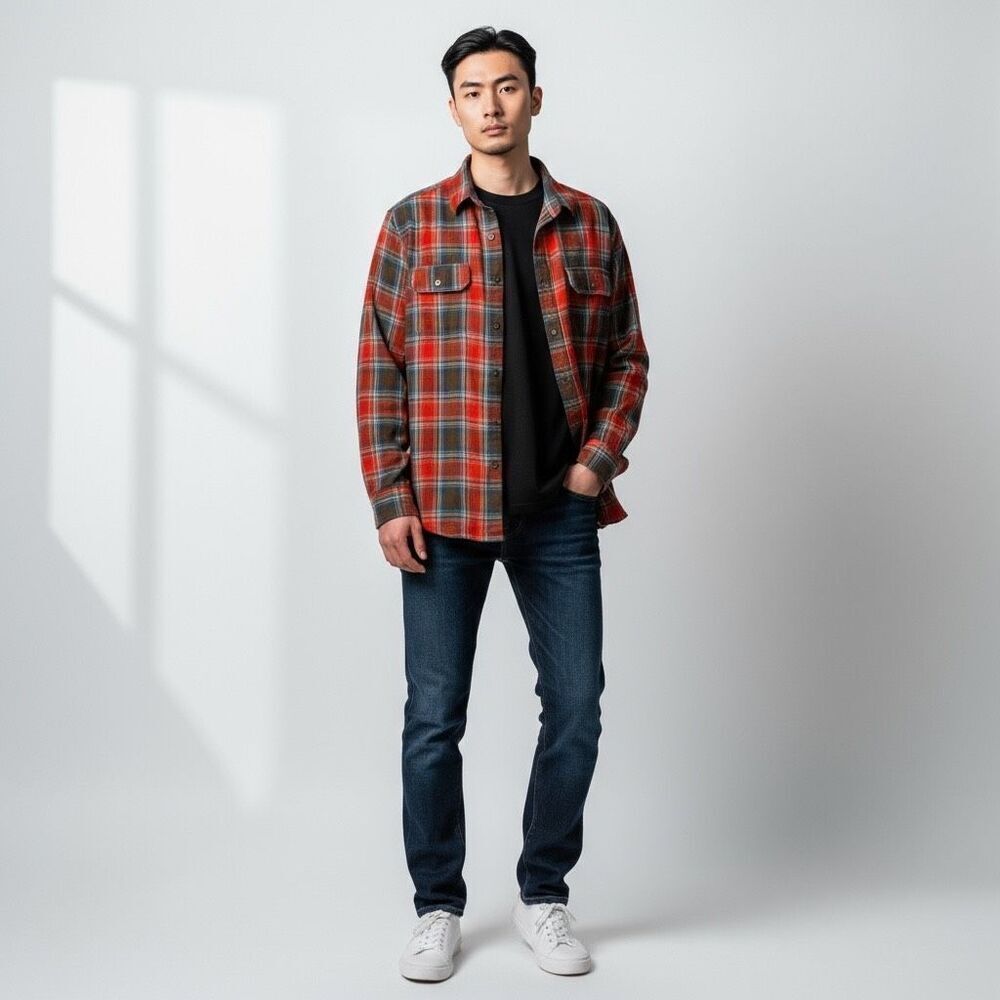Faded Glory Red Gray Blue Plaid Flannel Long Sleeve Button Down Cotton size XL